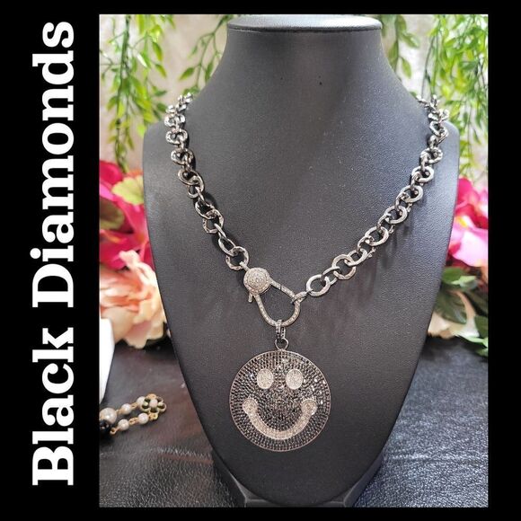 Black Diamond Smiley Face Necklace - Picture 1 of 17